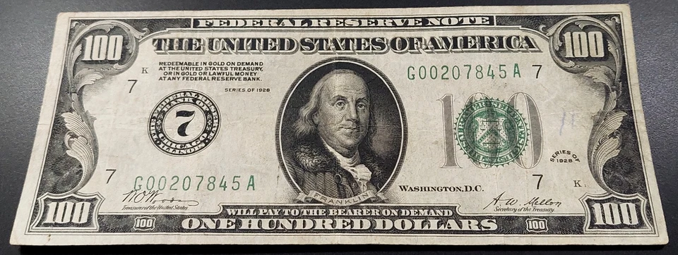 1928 $100 Federal Reserve Note "Big 7" Chicago! Gold Clause! Fr# 2150 G. - Image 2 of 4