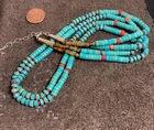 Gorgeous multi-strands reconstituted turquoise heishi/coral necklace(b204e1-w1)
