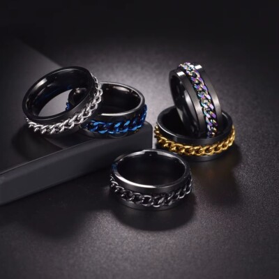 Drehring Edelstahl Herren Damen Biker Spinning Ring Silber Ketten Inlay drehbar