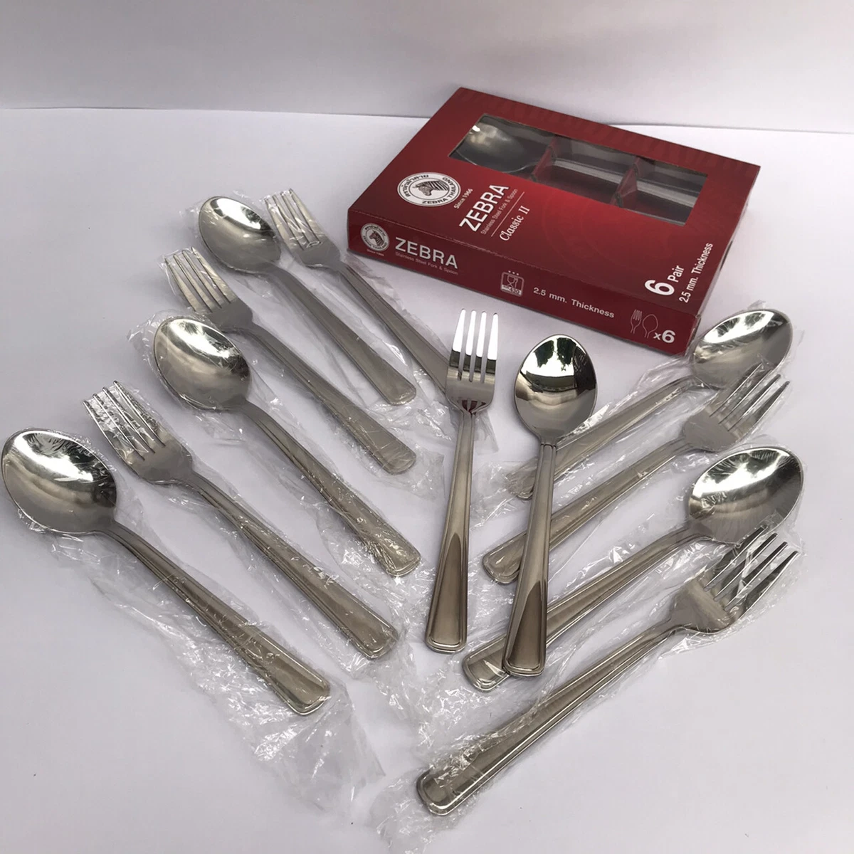 Thai Zebra Brand Fork Spoon Classic II Stainless Steel 2.5 mm Thickness 6 Pair