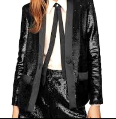 Maje Women s Vingo Satin Trim Sequin Black Blazer Size L