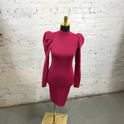 ALICE AND OLIVIA Dress Womens Small Issa Metallic Puff Long Sleeve Wool Pink a38