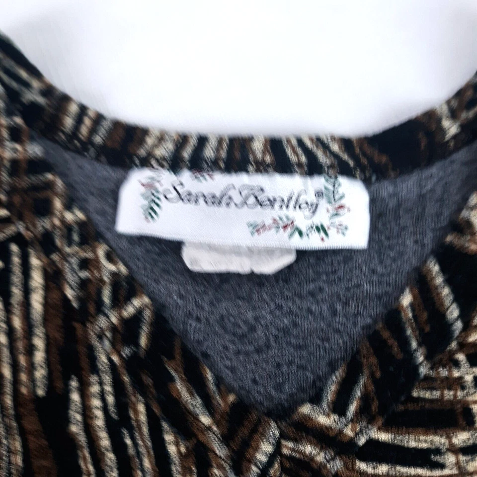 Sarah Bentley Women M Black Brown Cream Geometric Abstract Blouse V Neck Sleeves - Image 3 of 4