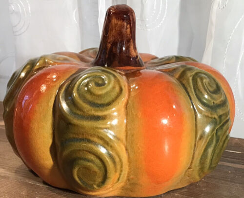 Orange und grün Keramik Wirbel Kürbis mit Stiel Herbst Erntedank Halloween - Bild 3 von 7