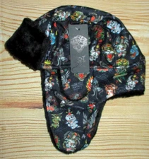 MENS ED HARDY FAUX FUR LINED BLACK TRAPPER HAT CAP ONE SIZE