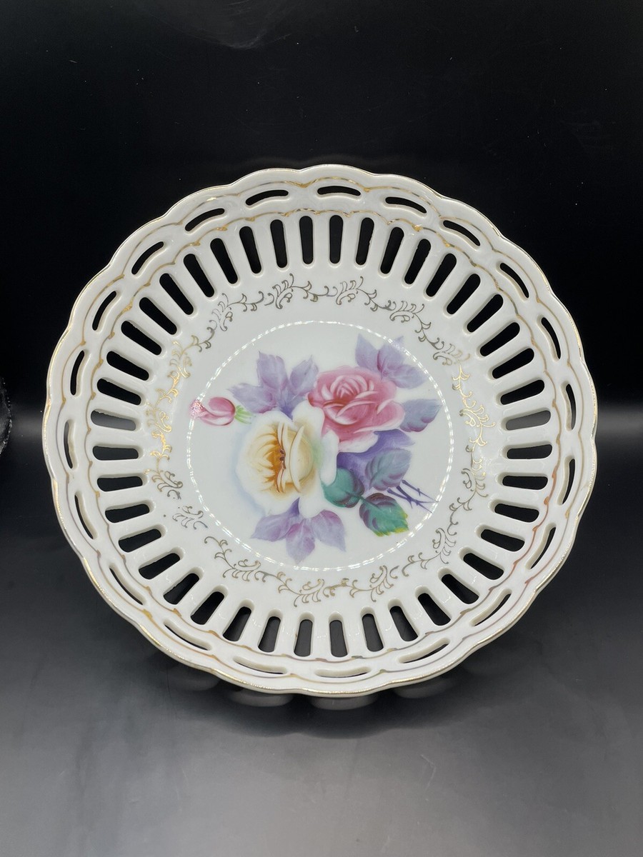 Vintage Hand Painted 9” Porcelain Floral Reticulated Bread, Bowl
