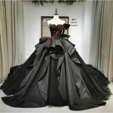 Gothic Black Ball Wedding Dresses Red flower Sweetheart BridalGown Vintage Satin