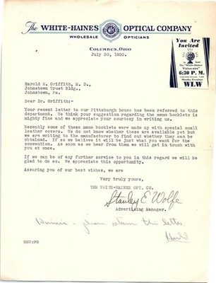 1930 White-Haines Optical Co. letter with WLW radio ad