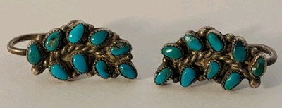 Estate Zuni Petit Point Turquoise & Sterling LEAF Shape Screw Back Earrings MEO