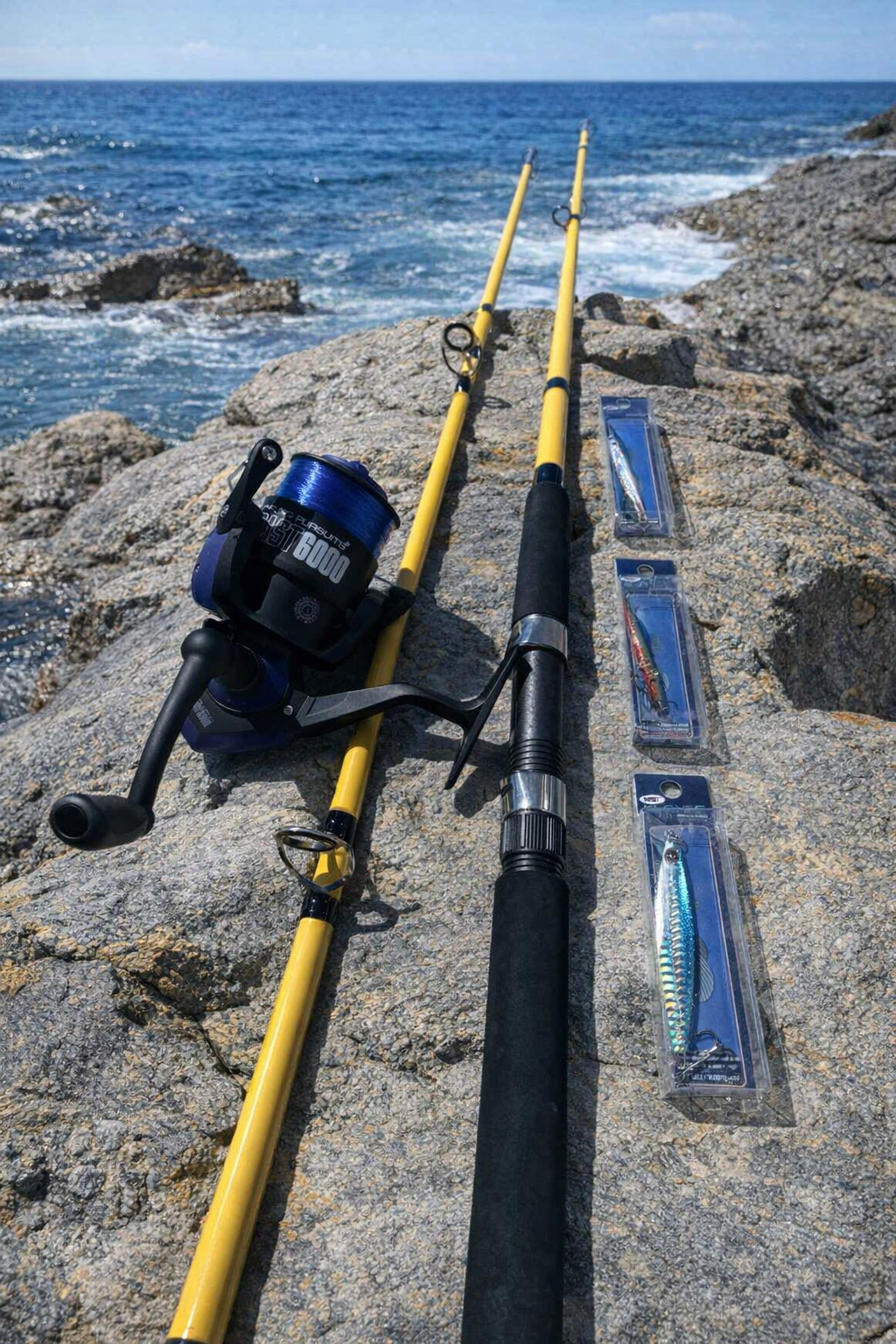 Sea Fishing Bass Rod & Reel Mackerel Spinning Rod + 3 LURES COMPLETE