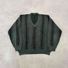 Vintage Knitted Jumper abstract patterned v-neck grandad knit sweater Men's L