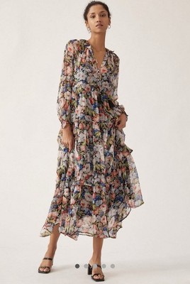Anthropologie Marais Printed Chiffon Maxi Dress 1X Floral Peasant Tiered Sheer