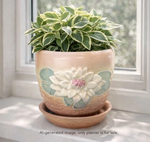 Vintage Hull Pottery Floral Planter w/ Saucer  Pink  Floral L-25-5 3/4" Cottage