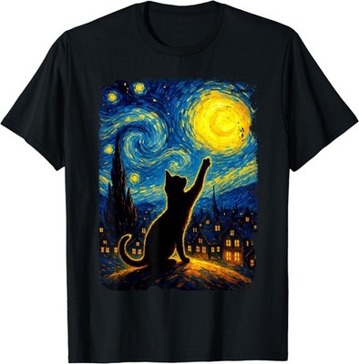 Funny Black Cat Starry Night Van Gogh Art T Shirts for Cat Lovers Mom Dad Tees