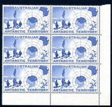 1957 AAT Expedition at Vestfold Hills and Map 2/- - Corner block of 6 stamps MNH