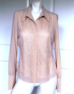 HERVE LEGER Paris SILK LACE DETAIL LONG SLEEVE BEIGE BLOUSE SIZE: 6