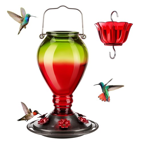 Glass Hummingbird Feeder - 6 Bee Guard Feeding Ports & Ant Moat, 24 oz Leak P...
