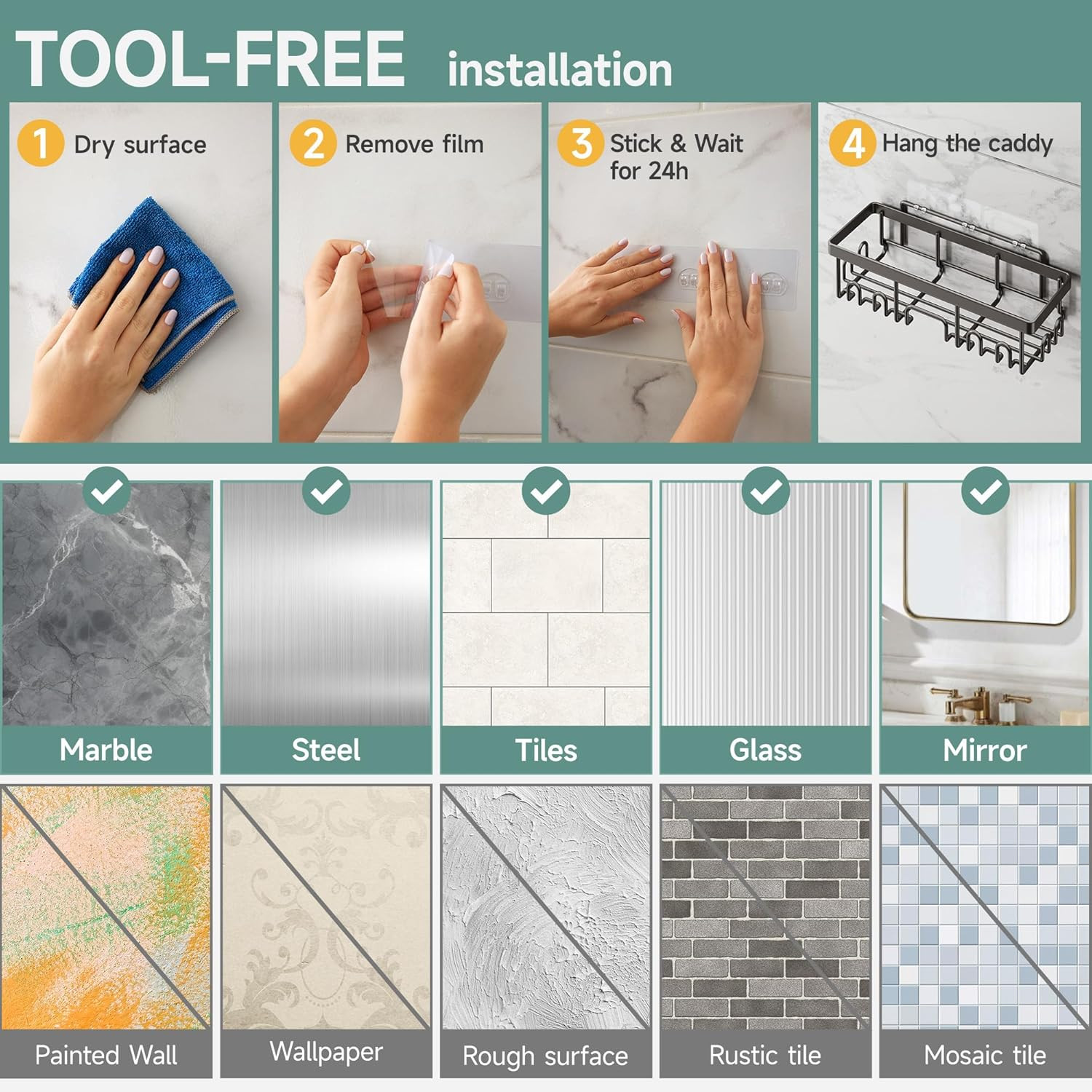 Rustproof & Waterproof Shower Caddy 6-Pack, No Drilling Adhesive Shelves Rack wi