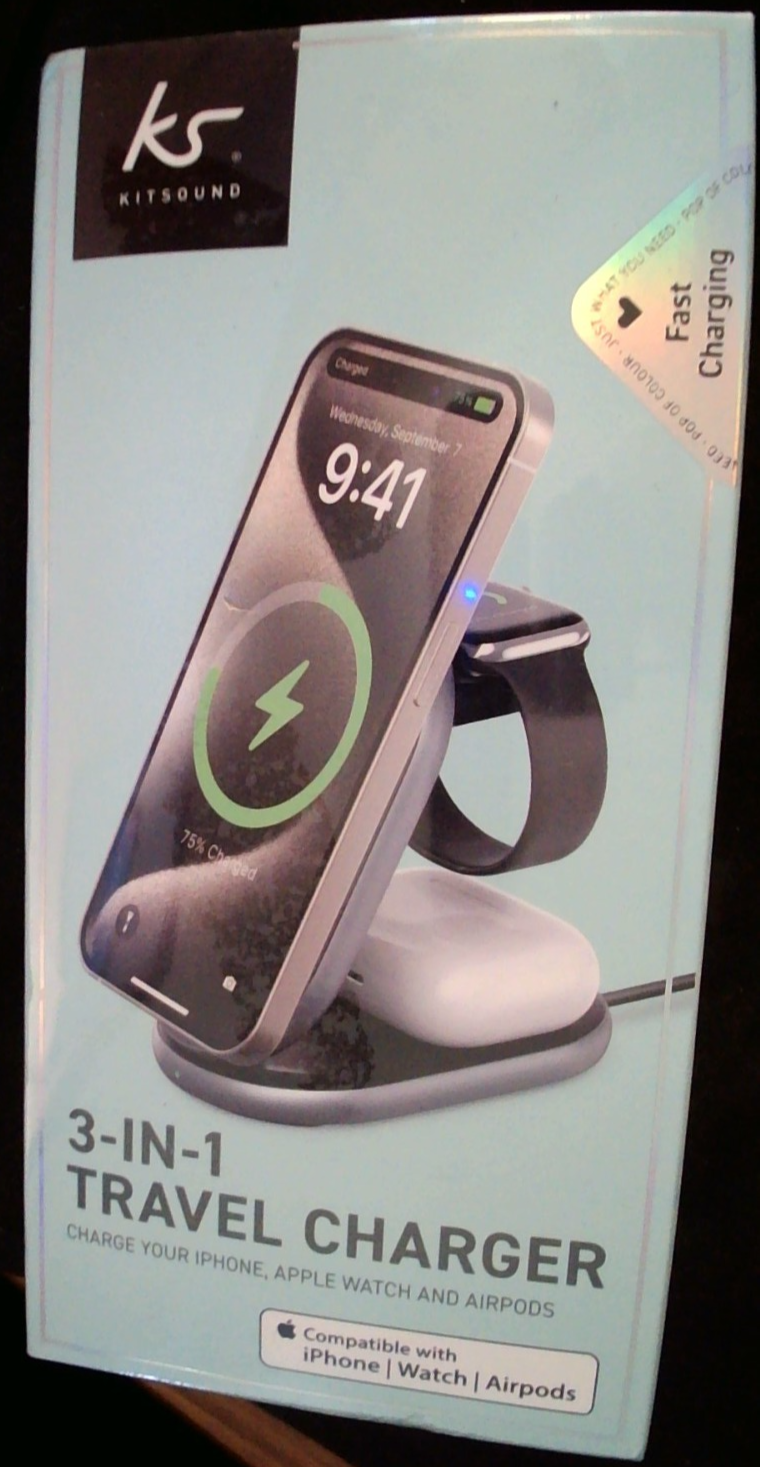 KitSound 3 in 1 Travel Charger for Apple iPhone, Watch & Airpods. Fast Charging.