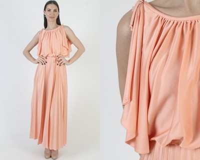 Vtg Peach Grecian Goddess Dress Split Slv Ancient Rome Toga Party Maxi Gown