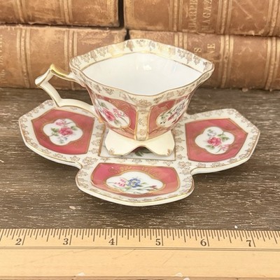Rare Camille Naudot French Porcelain Teacup & Saucer Quaterfoil Shape Pink Roses