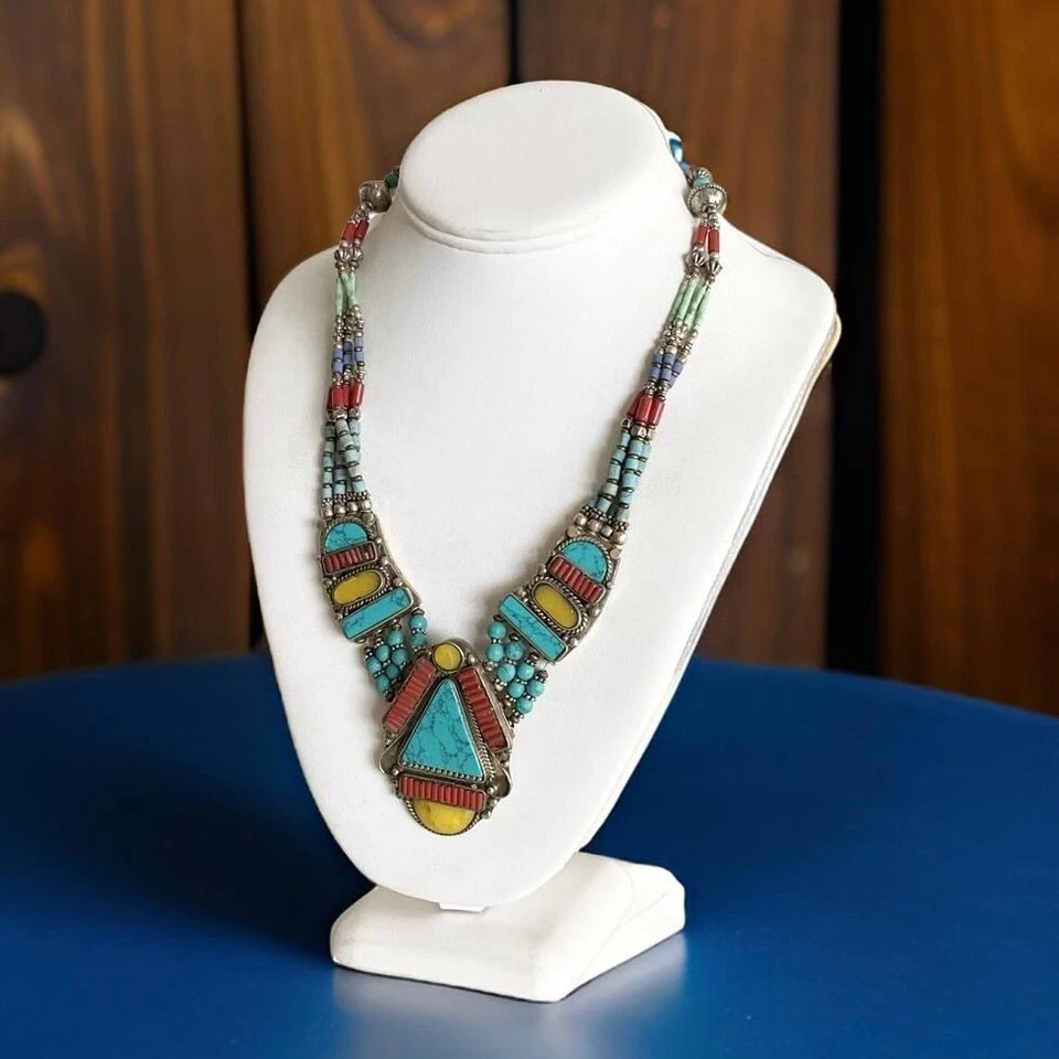 Nepal Tibetano Babero Collar Turquesa Nepal Étnico Coral Hecho a Mano Joyería Boho  Foto 2 de 4