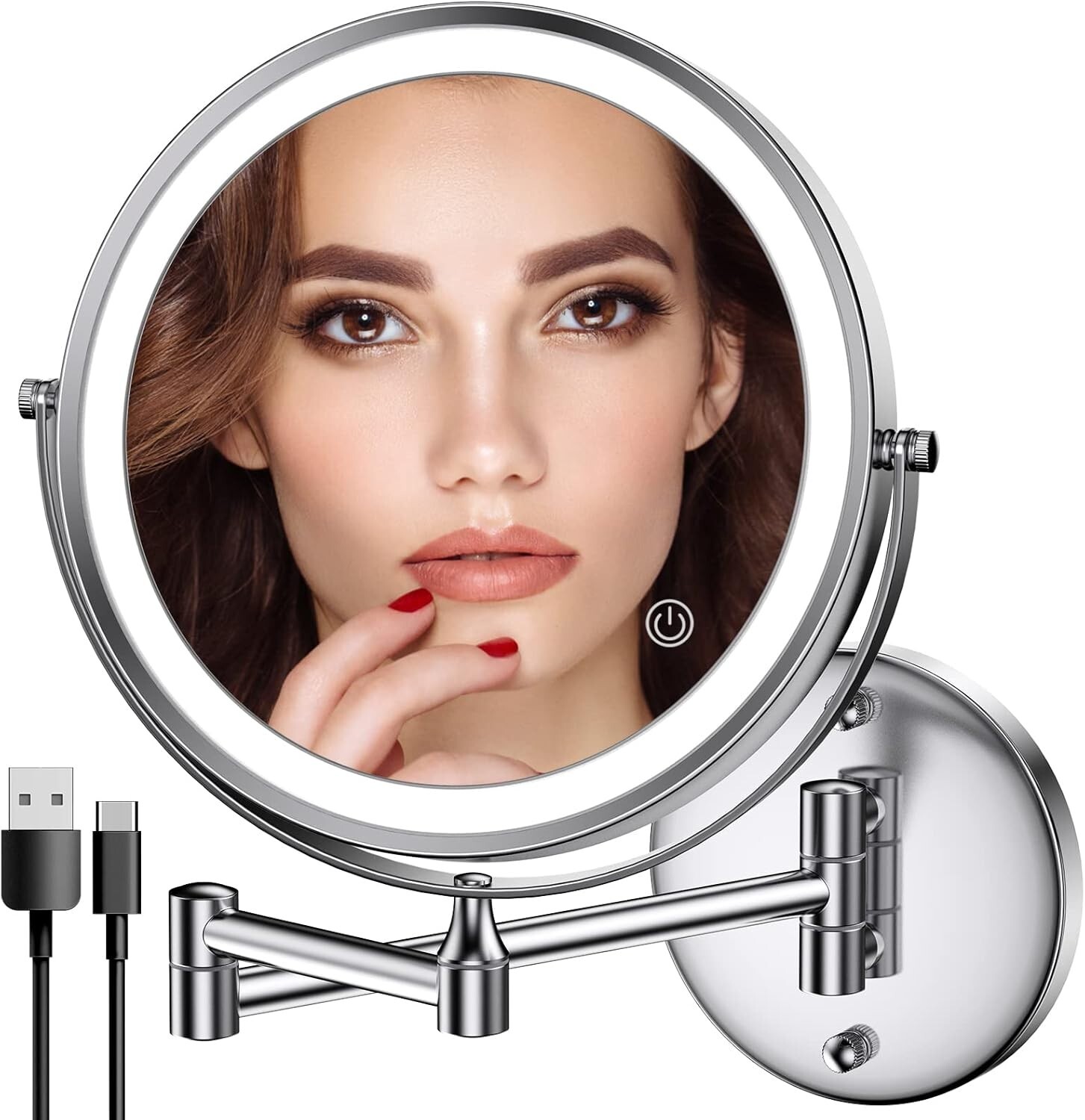 Rechargeable 8-Inch Wall Mount LED Makeup Mirror Chrome Double-Sided