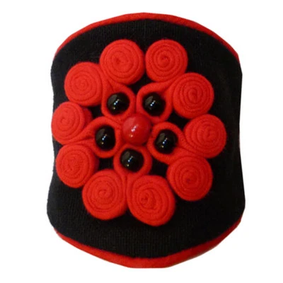 BRACELET MANCHETTE tissu perles fermoir bouton NOIR et ROUGE - idée cadeau - Photo 1/4