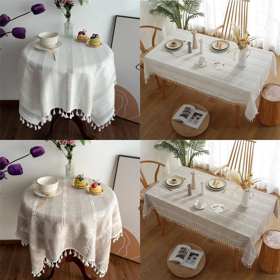 Rustic Stripe Embroidered Tablecloth Dining Kitchen Table Cloth Cover Wedding - Image 2 of 4