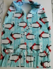 Penguin Fleece Scarf Blue Edges Stitched with Fringe Size 9" x 59" Handmade New