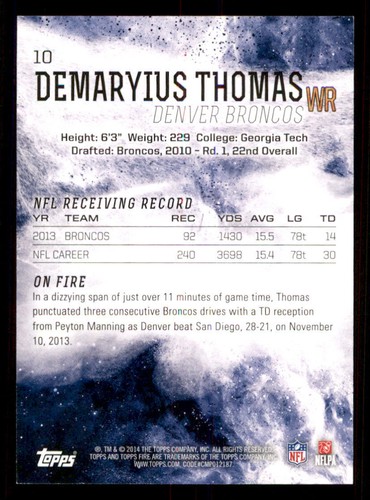 2014 Topps Fire Purple #10 Demaryius Thomas /499 - Picture 2 of 2