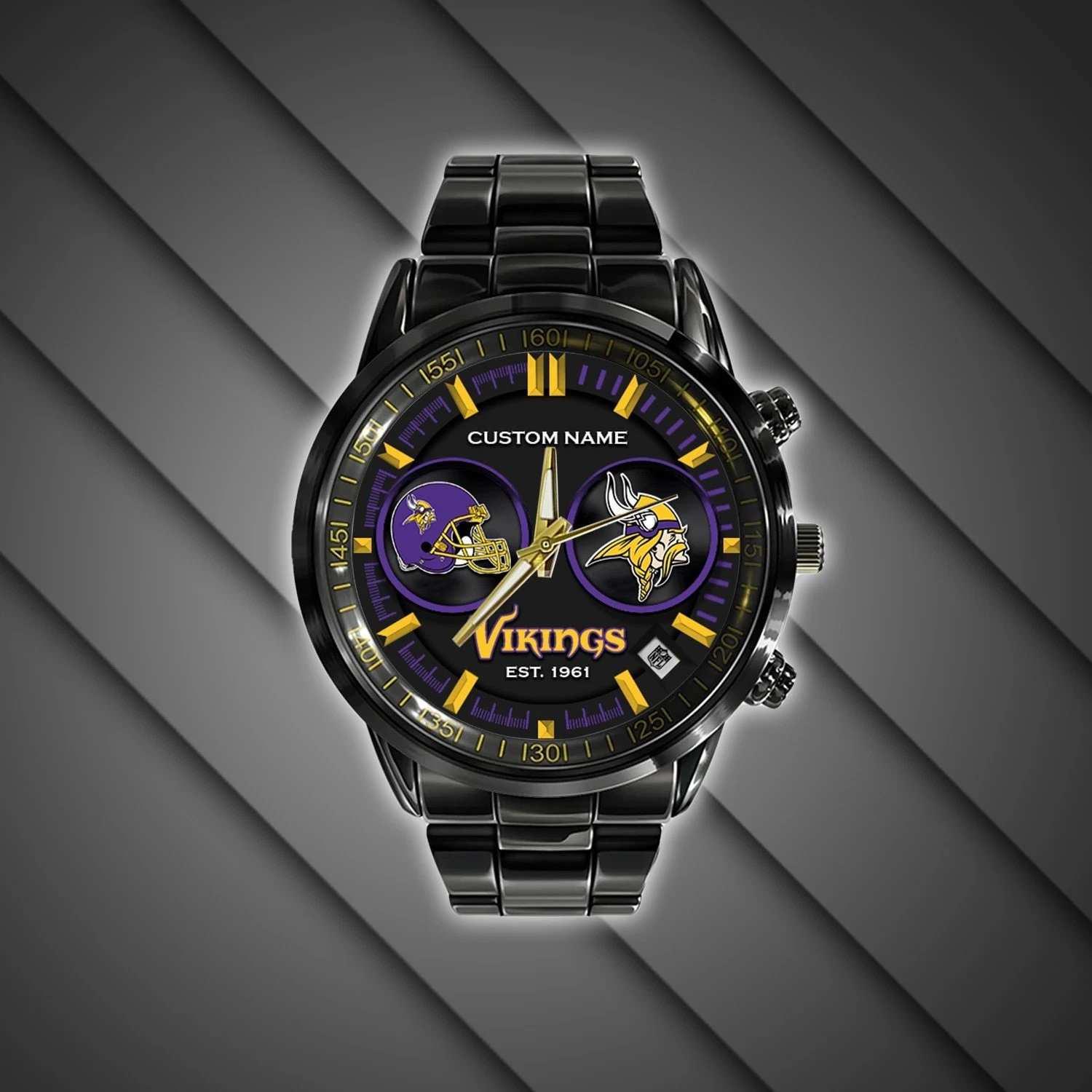 Personalized Minnesota Football Vikingss Team Men Black Stainless Steel Watch