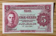 Malaya 1941 5 Cents Pick #7b - Crisp - King George VI - Pre-War Issue