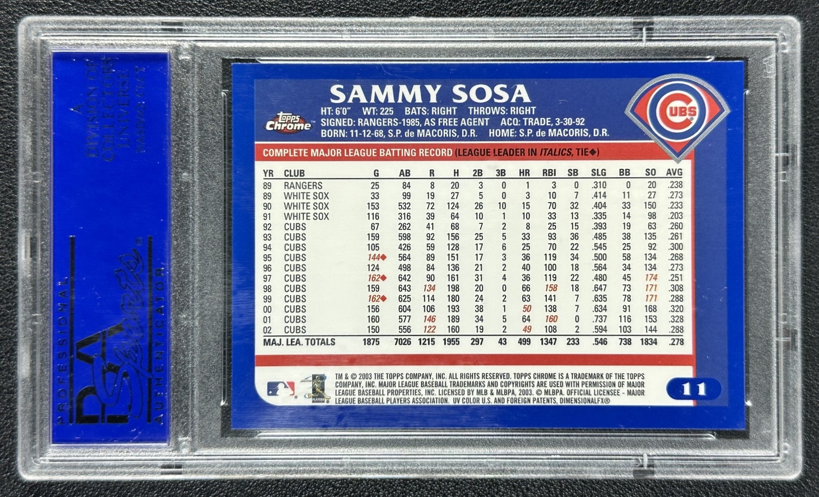 SAMMY SOSA PSA 9 2003 TOPPS CHROME #11 CUBS 3283 view 2