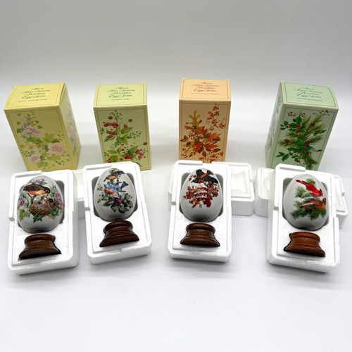 Avon Four Seasons Porcelain Egg Series 1984 Set of 4 Birds w/ Stands Boxes