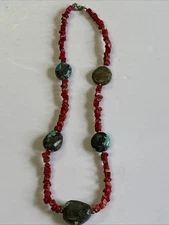 Turquoise And Coral Native American Bead Necklace ~ 18” ~ READ DESCRIPTION 