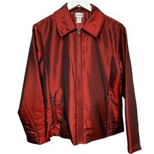 CHICOS Red Satin Shimmer Jacket Size Medium Chicos 1 Zip Front Evening Holiday