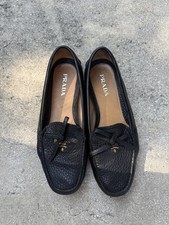Prada Cross Grain Leather Black Loafers. Sz 7 37.5 With bow and gold accents