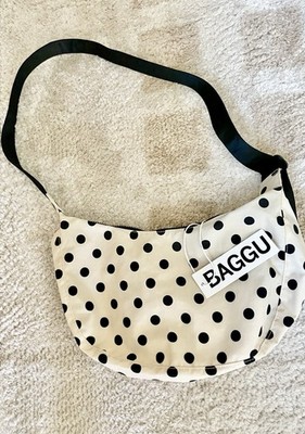 BAGGU Medium Nylon Crescent Shoulder Bag - Cream & Black Polka Dot NWT