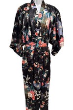 Vintage Ichiban Kimono Robe Black Floral Satin Japanese Dressing Gown Made Japan