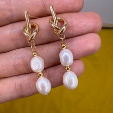 Natural Freshwater Pearl Earrings Bridal 14K Gold Plated Knot Stud Women Drop