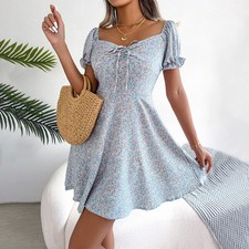 Womens Boho Floral A-Line Mini Dress Ladies Short Sleeve Summer Holiday Sundress