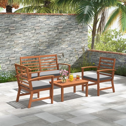 4 Pieces Outdoor Furniture Set w/ Soft Seat Cushions Stable Acacia Wood Frame - Picture 5 of 9