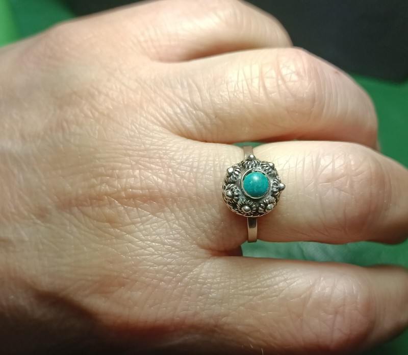 Vtg Taxco Mexico LM Eagle 2 Sterling Silver 3/8" H Dainty Turquoise Dome Ring(6)