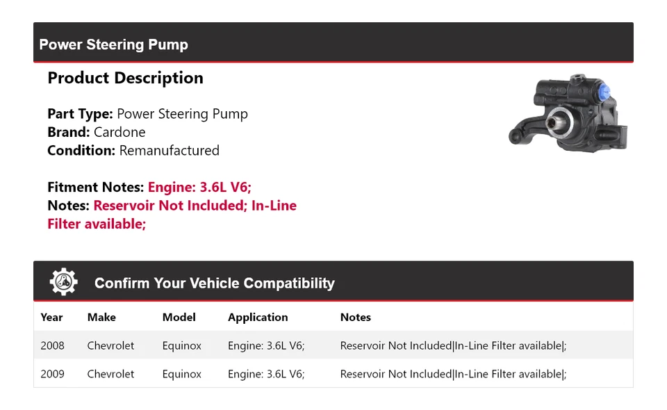 Bomba de dirección asistida Cardone para Chevrolet Equinox 2008-2009 3,6 L V6 Foto 2 de 4