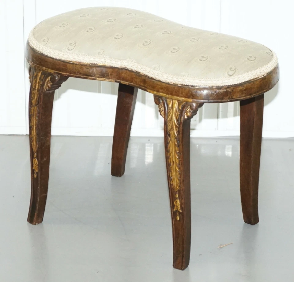 RARE REGENCY WALNUT GILTWOOD CURVED KIDNEY SADDLE STOOL ACANTHUS LEAF DETAILING - Image 2 of 4