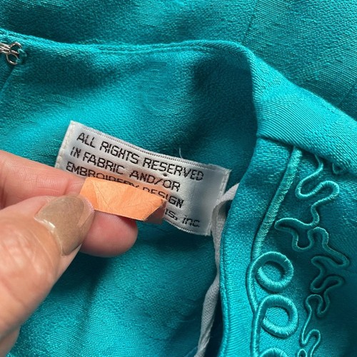 Maxi abito vintage Karin Stevens teal ricamato sovrapposizione pezzo unico, taglia 14 - Foto 8 di 11