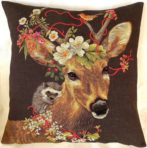 SET OF 3 FOREST ANIMALS WITH FRIENDS, 18" BELGIAN TAPESTRY CUSHION COVERS, ZIP - Picture 2 of 8