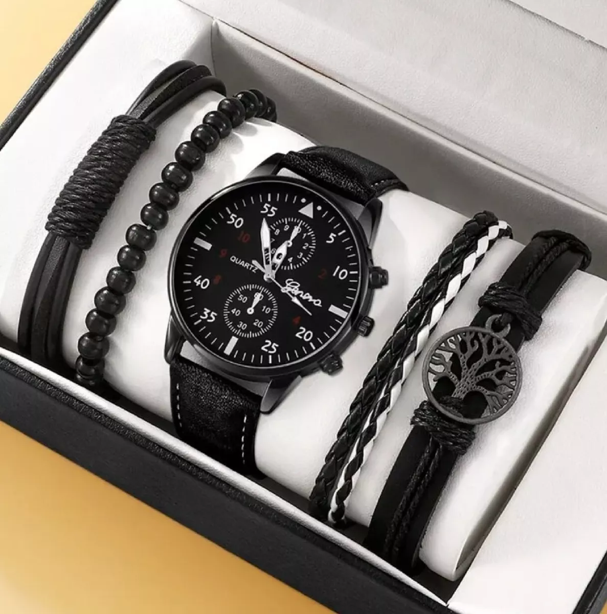 5 units. Black quartz watch with leather bracelets for men