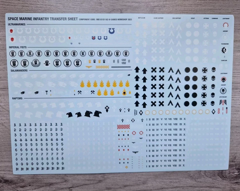 GAMES WORKSHOP Space Marines Infantry Transfer Sheet Warhammer 40K Raptors Salamanders Decals